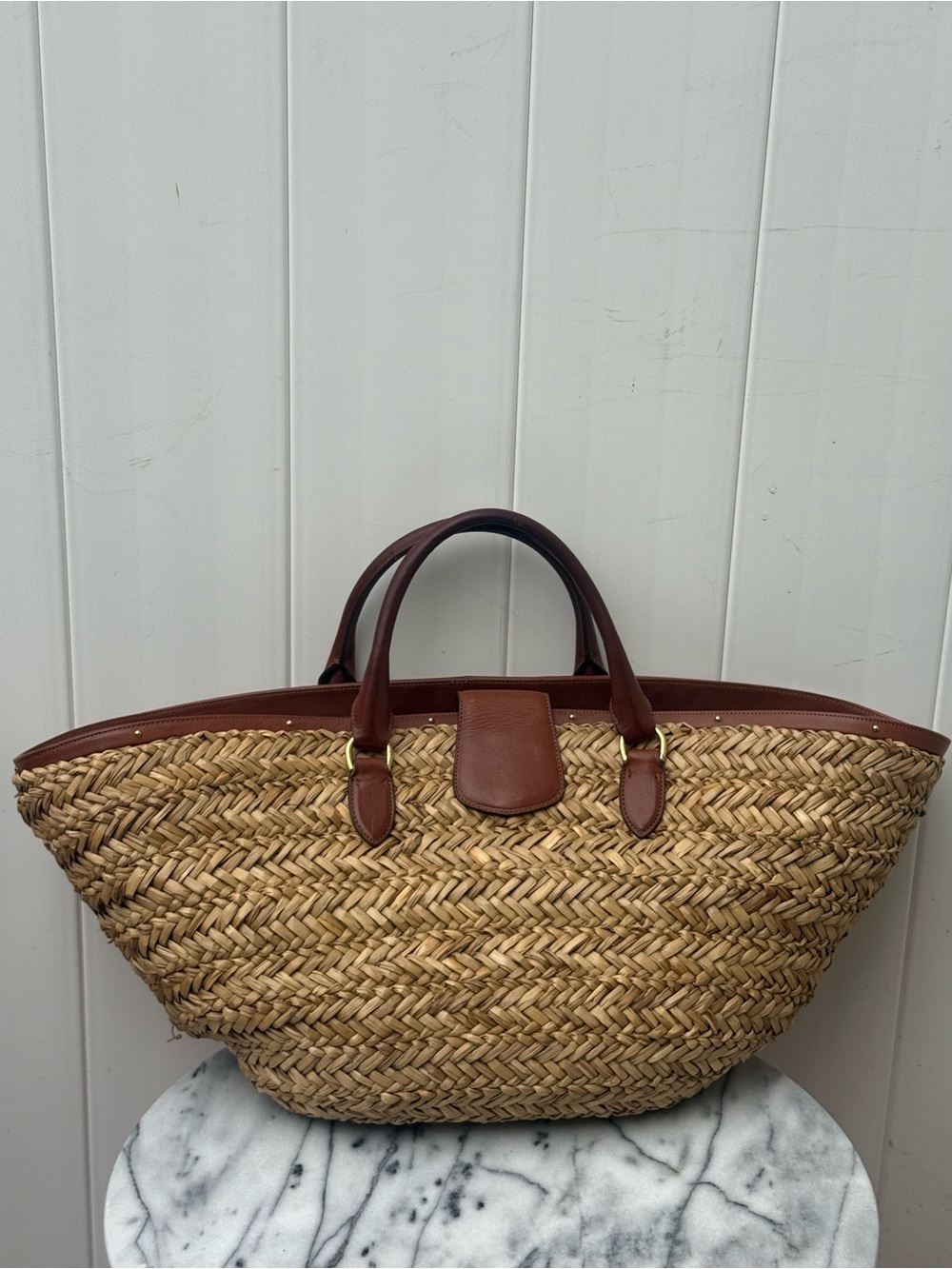 Ralph Lauren Woven Straw Tote Bag with Brown Leather Trim - Picture 2 of 9